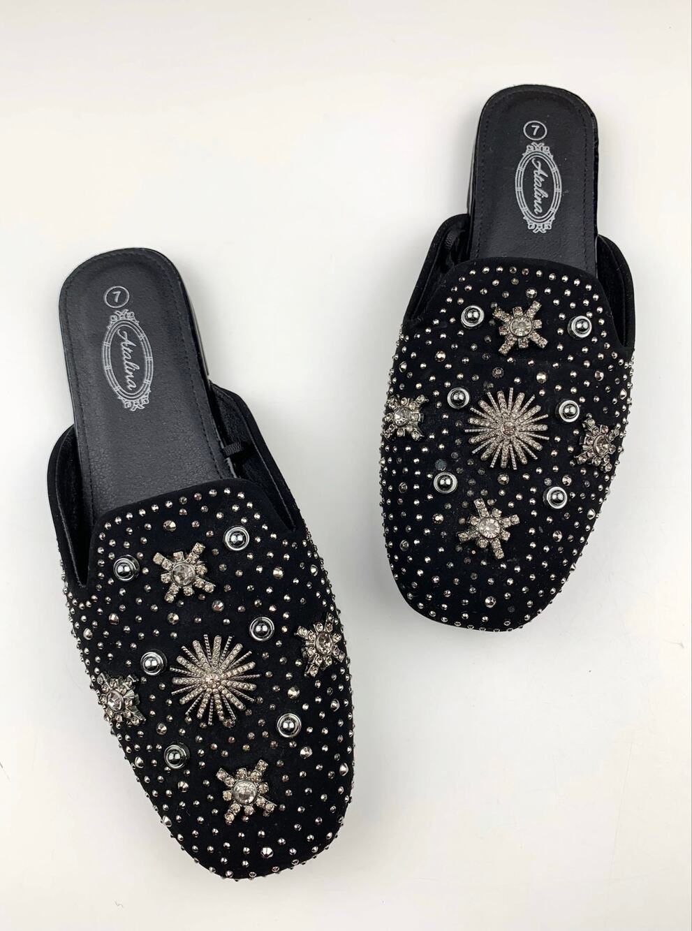 Atalina Mules Black Rhinestone Embellished Studded Flats Slip On Mules Womens 7
